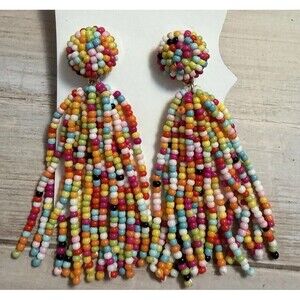 Boho Festival Rainbow Seed Bead Dangle Drop Tassel Earrings Pierced Colorful Fun